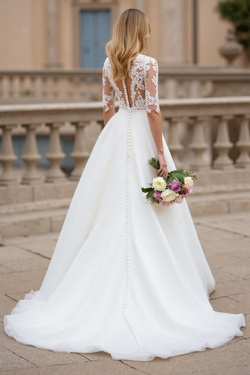 Ivory A Line High Neck Wedding Dress with Lace